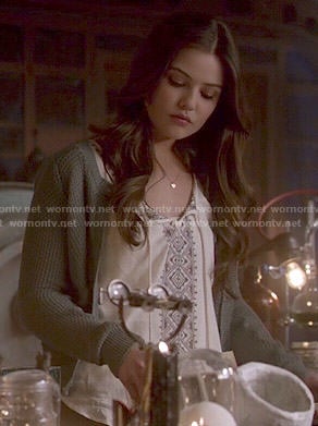 Davina’s blue textured cardigan and embroidered top on The Originals