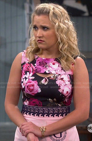 Gabi’s black and pink floral mini dress with cutout on Young and Hungry