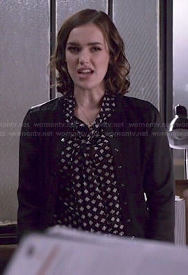 Jemma’s spade printed blouse and leather shoulder cardigan on Agents of SHIELD