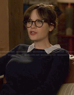 Jess’s navy collared sweater on New Girl