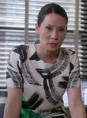 Joan’s green and white brush stroke print dress on Elementary