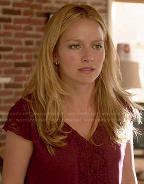 Caryn’s burgundy v-neck lace panel top on Weird Loners