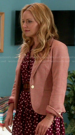 Caryn’s red printed shirtdress and pink herringbone blazer on Weird Loners