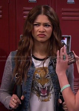 KC’s tiger face tee and denim jacket on KC Undercover