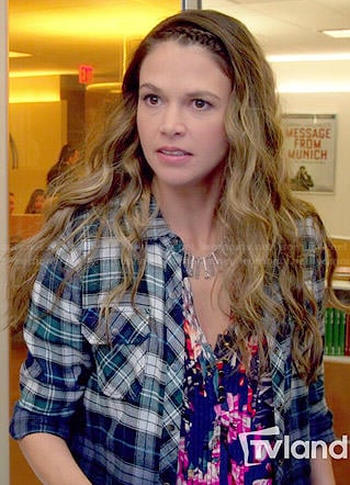 Liza’s floral dress and ombre plaid shirt on Younger