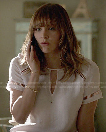 Paige’s white textured keyhole top on Scorpion