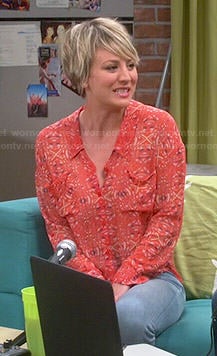 Penny’s orange printed blouse on The Big Bang Theory