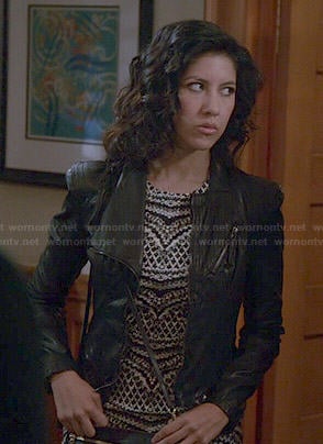 Rosa’s black and white printed dress and leather jacket on Brooklyn Nine-Nine