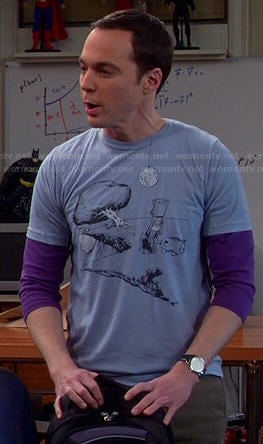 Sheldon’s blue tree illustration tee on The Big Bang Theory