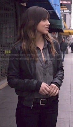 Skye’s grey chambray shirt and leather bomber jacket on Agents of SHIELD