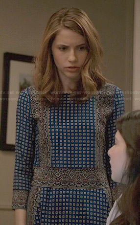Stevie’s blue border print dress on Madam Secretary