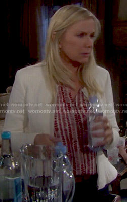 Brooke’s red printed blouse and white textured peplum jacket on The Bold and the Beautiful