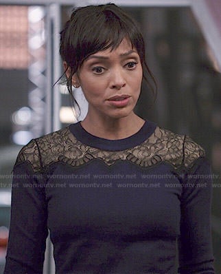Camille’s navy lace sweater on Bones