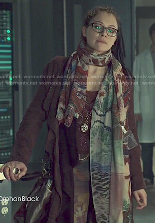 Cosima’s long burgundy coat and lace top on Orphan Black