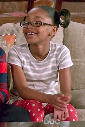 Diane’s grey striped dress and red polka dot leggings on Black-ish