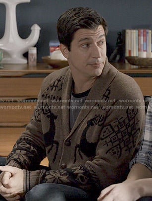Jake’s brown reindeer cardigan on Marry Me