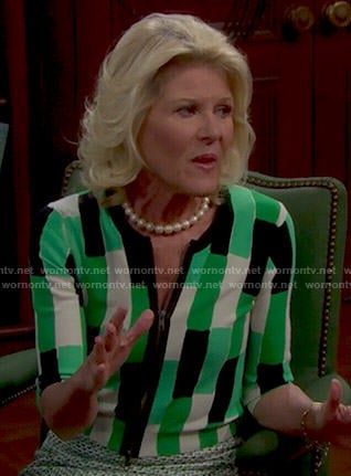 Pam’s green geometric print cardigan on The Bold and the Beautiful