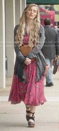 Scarlett’s red floral midi dress, lace trim jacket on Nashville