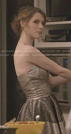 Stevie’s metallic strapless dress on Madam Secretary