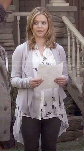Ali’s bird print blouse and grey draped jacket on Pretty Little Liars