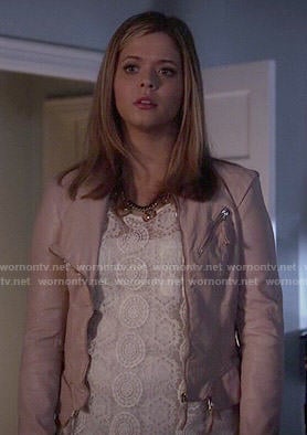 Ali’s white lace top and light pink leather jacket on Pretty Little Liars