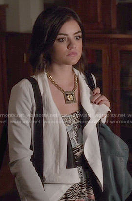 Aria’s animal print romper and white jacket on Pretty Little Liars