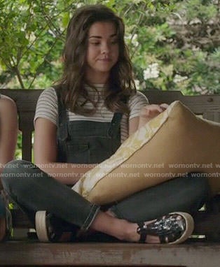 Callie's denim overalls and striped tee on The Fosters