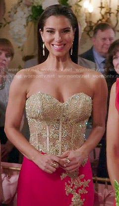 Carmen’s red and gold embellished strapless gown on Devious Maids