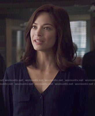 Cat’s navy button front blouse on Beauty and the Beast