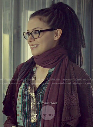 Cosima’s printed top with sequinned placket on Orphan Black