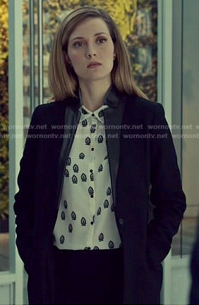 Delphine’s black and white printed blouse on Orphan Black