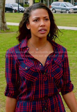 Eva’s red and blue plaid shirtdress on Under the Dome