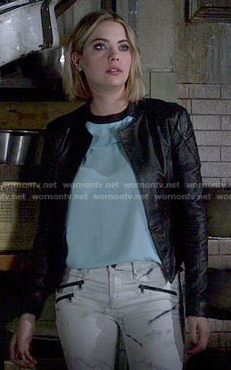 Hanna’s white printed jeans and blue top on Pretty Little Liars