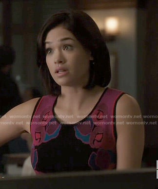 Heather’s black and pink floral dress on Beauty and the Beast