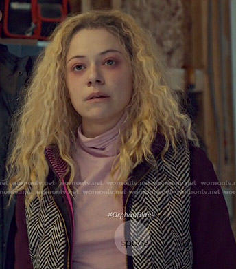 Helena’s pink turtleneck and herringbone vest on Orphan Black