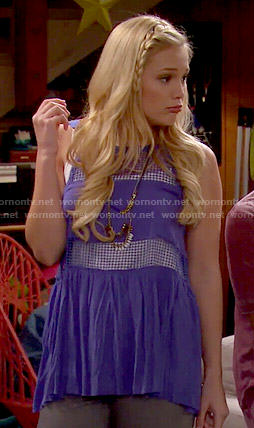 Lindy’s blue mesh panel top on I Didn’t Do It