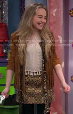 Maya’s tan fringed jacket and gold skirt on Girl Meets World