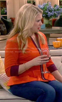 Mel’s two-tone zip front peplum jacket on Melissa and Joey