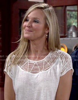 Sharon’s white cutout yoke tee on The Young and the Restless