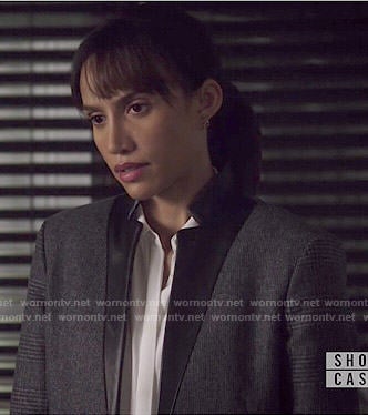 Tess’s grey plaid coat with leather trim on Beauty and the Beast