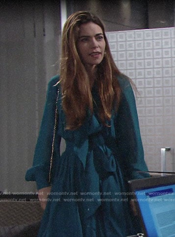 Victoria’s teal blue bow neck dress on The Young and the Restless