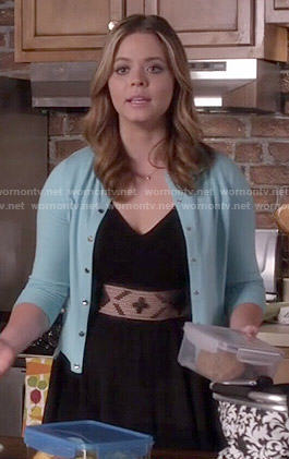 Ali’s black mesh waist dress and blue lace back cardigan on Pretty Little Liars
