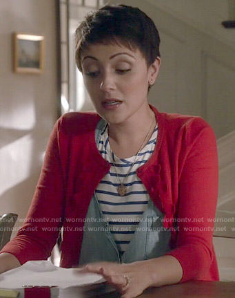 April’s chambray jumpsuit and red scalloped cardigan on Chasing Life