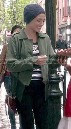 April’s striped top and green jacket with leather trim on Chasing Life