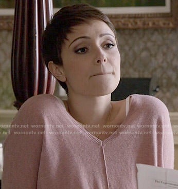 April’s pink sweater with front seam on Chasing Life