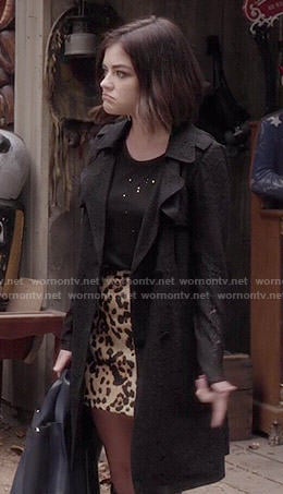 Aria’s lace trench coat and leopard print skirt on Pretty Little Liars