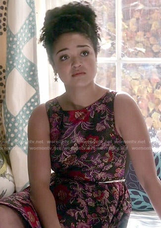 Beth’s black and purple floral dress on Chasing Life
