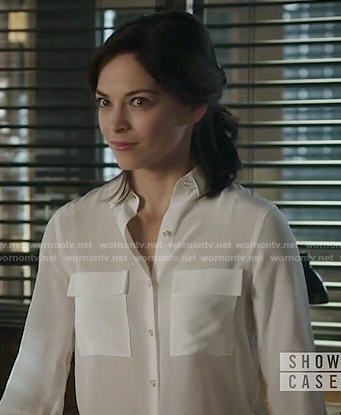 Cat’s white button front blouse on Beauty and the Beast