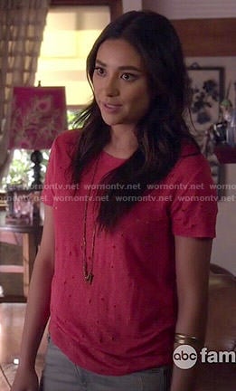 Emily’s red distressed tee on Pretty Little Liars