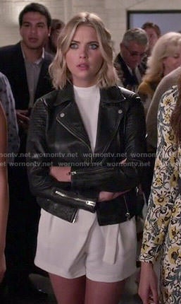 Hanna’s white high neck romper and leather jacket on Pretty Little Liars